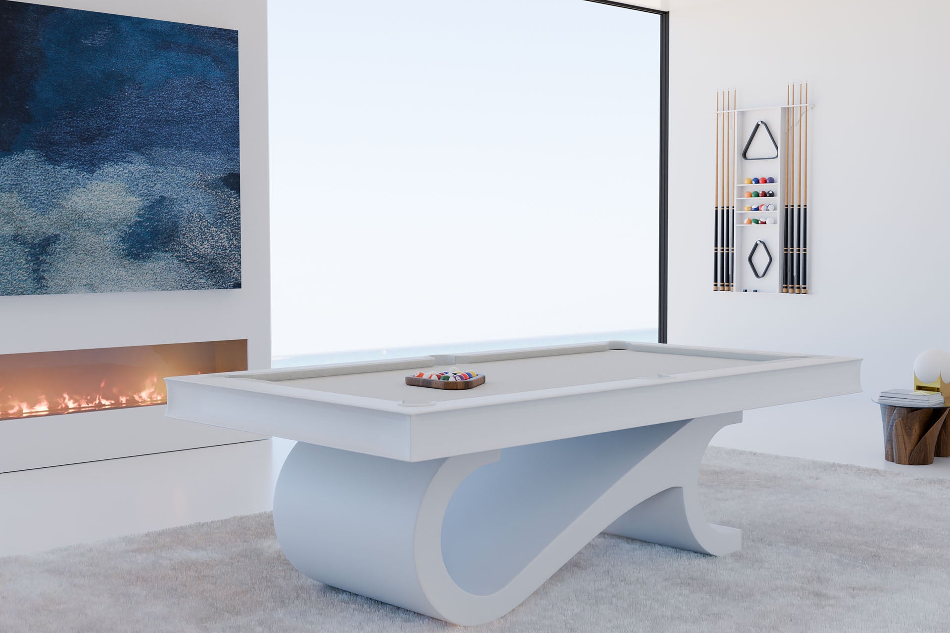 Custom white wall cue rack in modern malibu mansion
