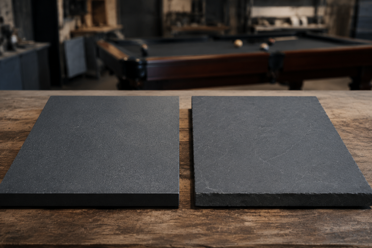 Two premium pool table slate samples compared side by side
