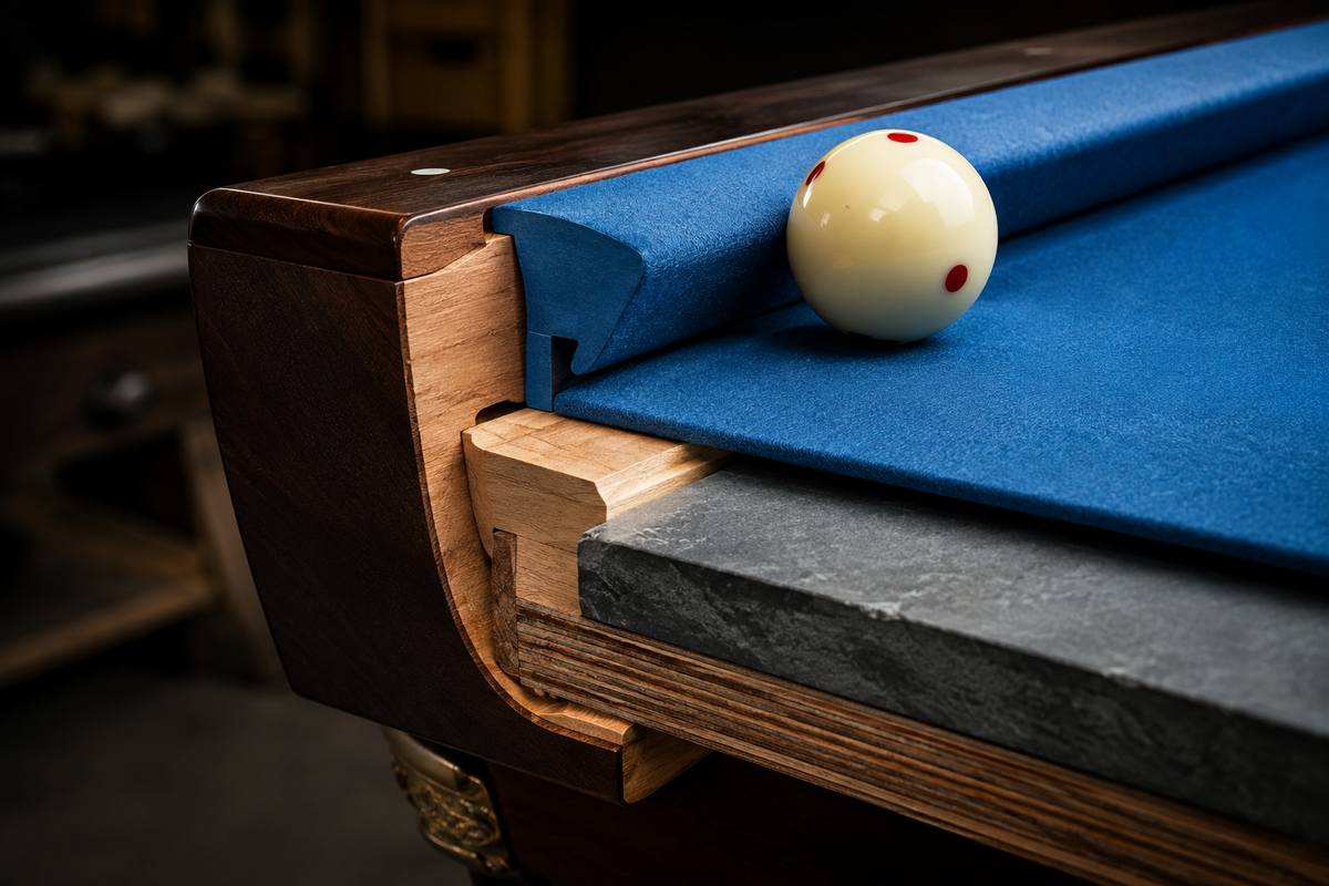 Cutaway view of pool table cushion and rail construction