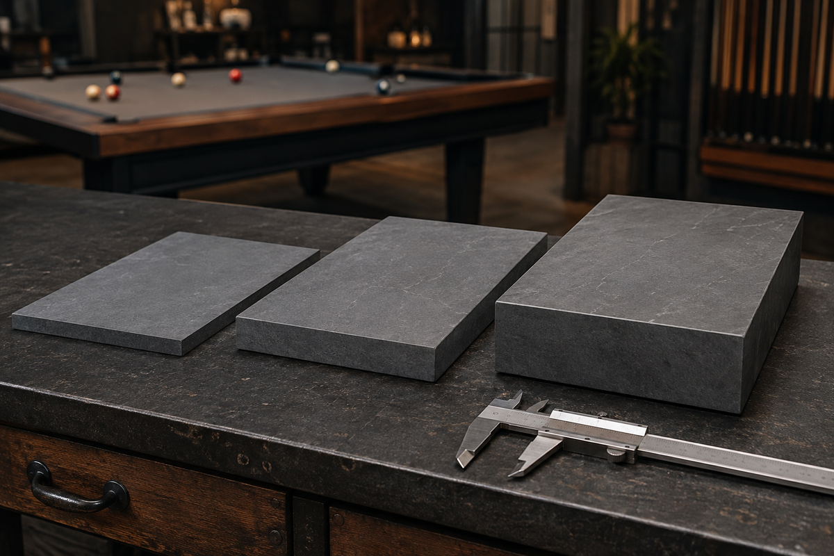 Pool table slate slabs of different thicknesses beside a caliper