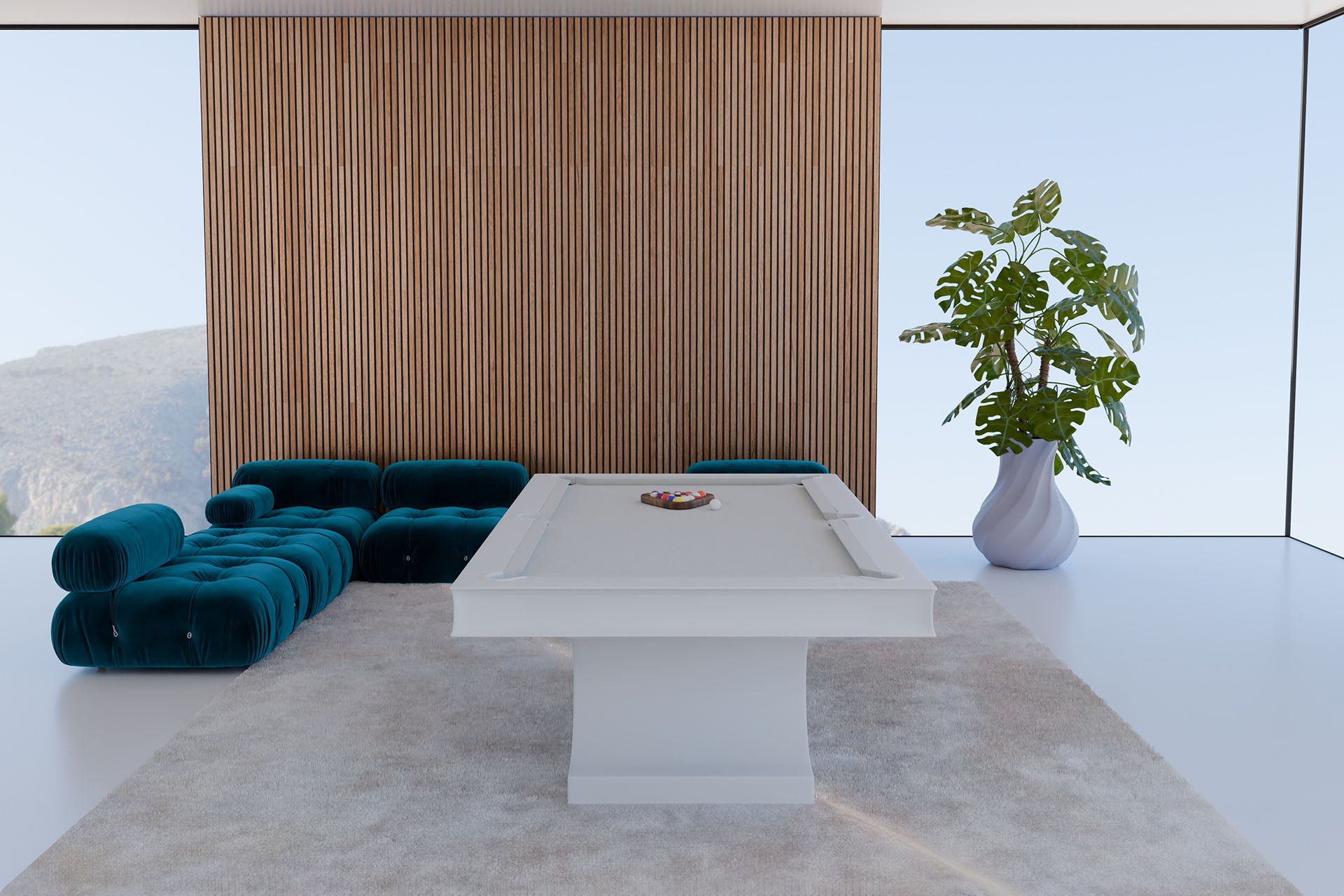 White modern pool table in Malibu California beach front home 