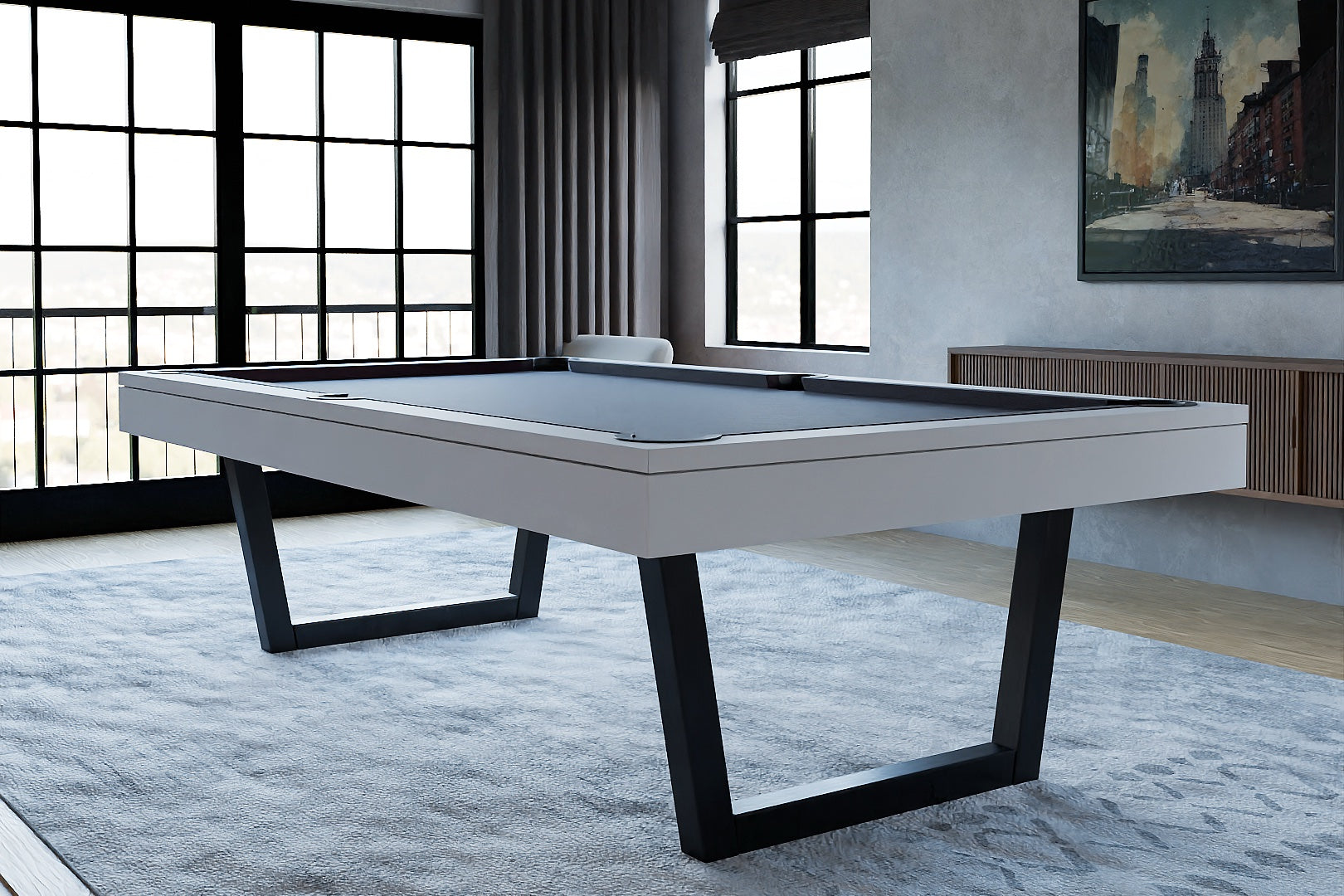 Black Label Billiards Modern Luxury Metallic Pool Table with White Rails and Black Geometric Base